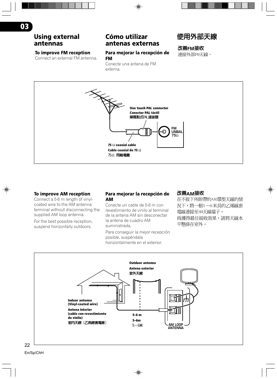 Using external antennas, To improve fm reception to improve am reception, Cómo utilizar antenas externas | Pioneer VSX-D512-S User Manual | Page 22 / 80