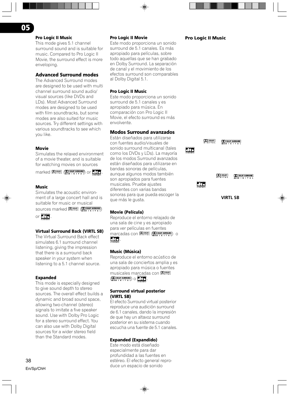 Advanced surround modes, Modos surround avanzados | Pioneer VSX-D512-S User Manual | Page 38 / 80