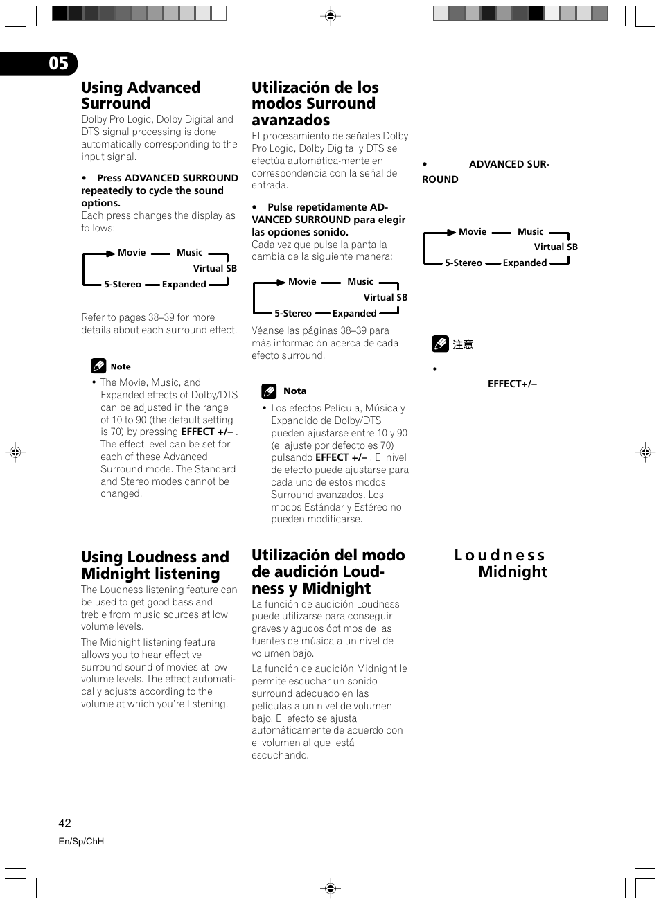 Using advanced surround, Using loudness and midnight listening, Utilización de los modos surround avanzados | Pioneer VSX-D512-S User Manual | Page 42 / 80