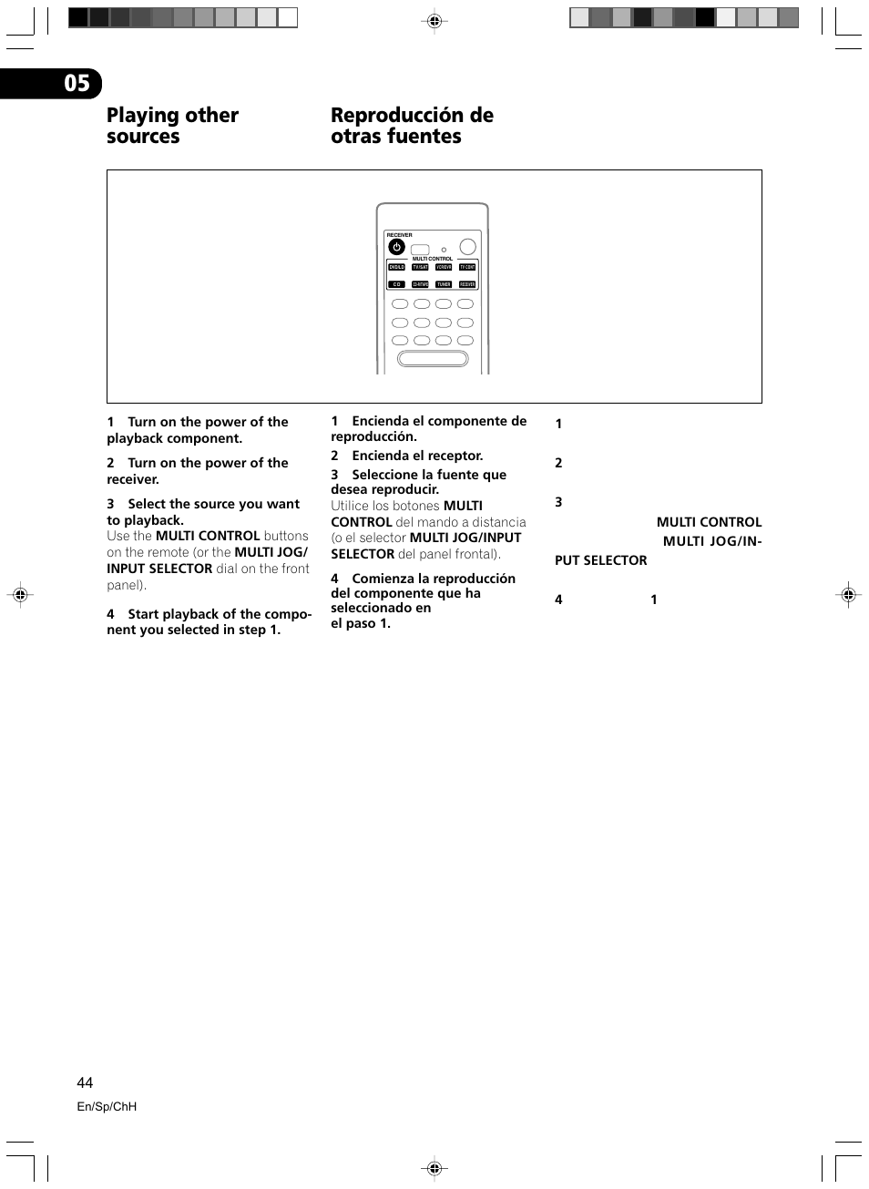Playing other sources, Reproducción de otras fuentes | Pioneer VSX-D512-S User Manual | Page 44 / 80