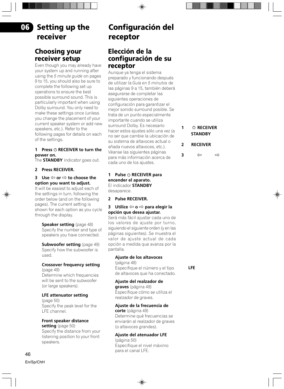 Choosing your receiver setup, Elección de la configuración de su receptor, Setting up the receiver configuración del receptor | Pioneer VSX-D512-S User Manual | Page 46 / 80