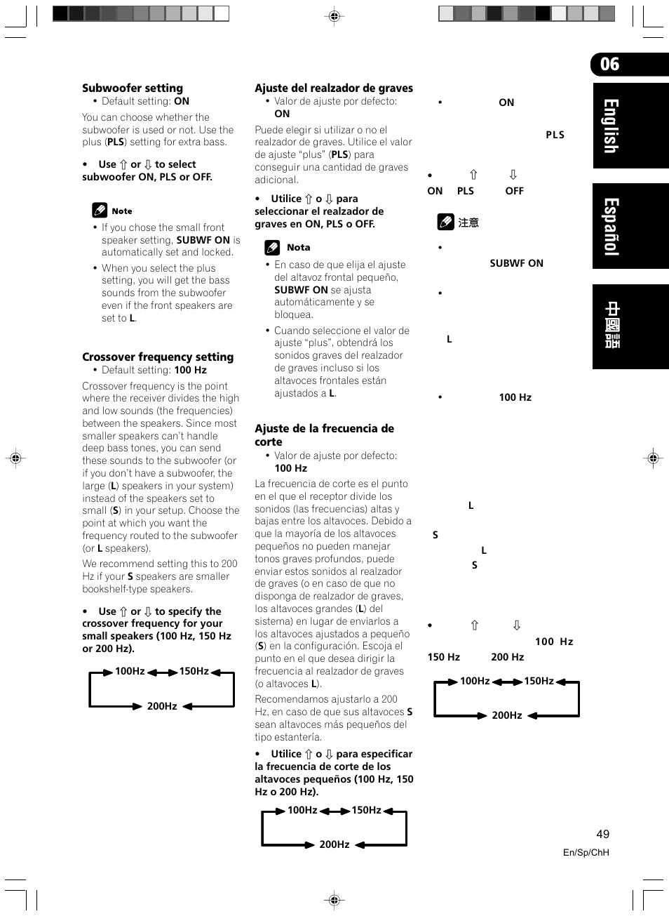 Subwoofer setting crossover frequency setting, English espa ñ ol | Pioneer VSX-D512-S User Manual | Page 49 / 80