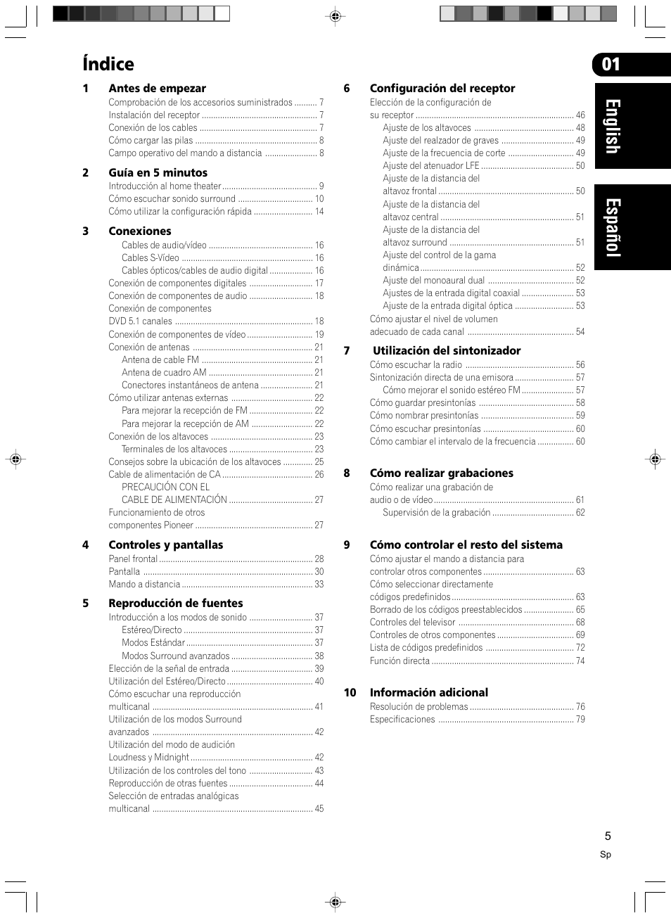 English español, Índice | Pioneer VSX-D512-S User Manual | Page 5 / 80