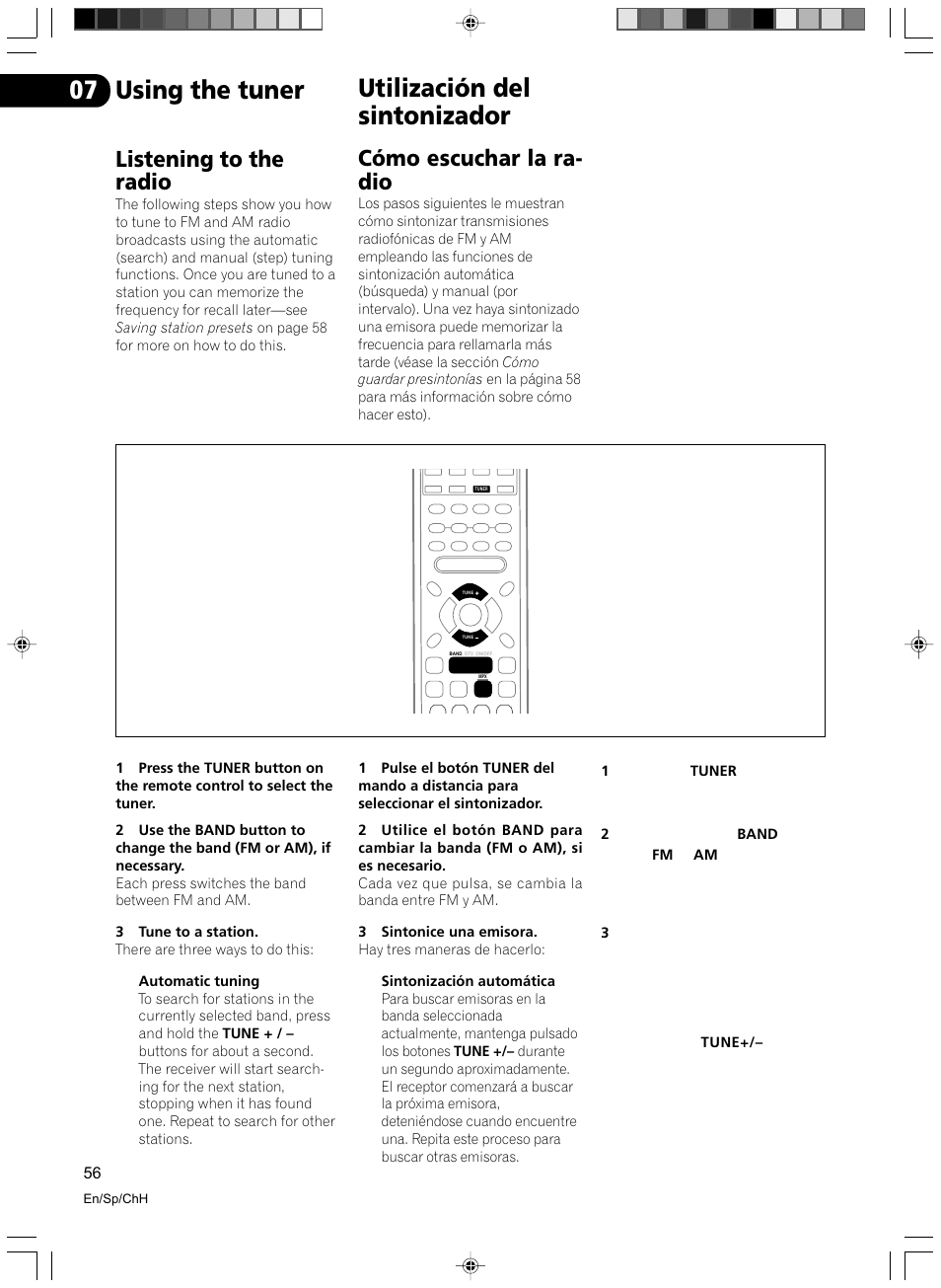 Listening to the radio, Cómo escuchar la radio, Using the tuner | Utilización del sintonizador, Cómo escuchar la ra- dio | Pioneer VSX-D512-S User Manual | Page 56 / 80