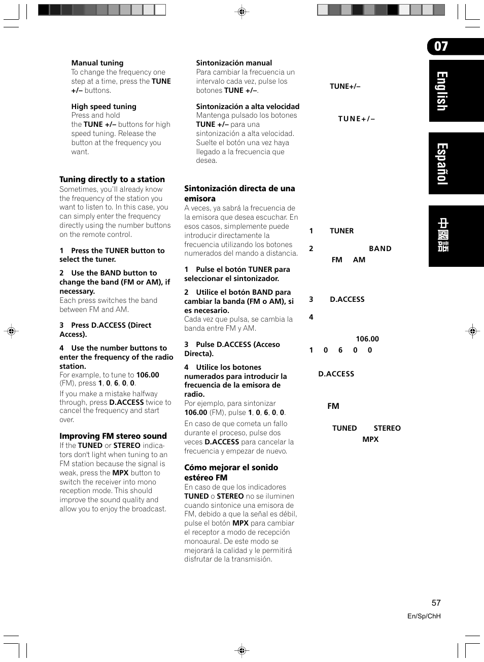 Tuning directly to a station, Improving fm stereo sound, Sintonización directa de una emisora | Cómo mejorar el sonido estéreo fm, English español | Pioneer VSX-D512-S User Manual | Page 57 / 80