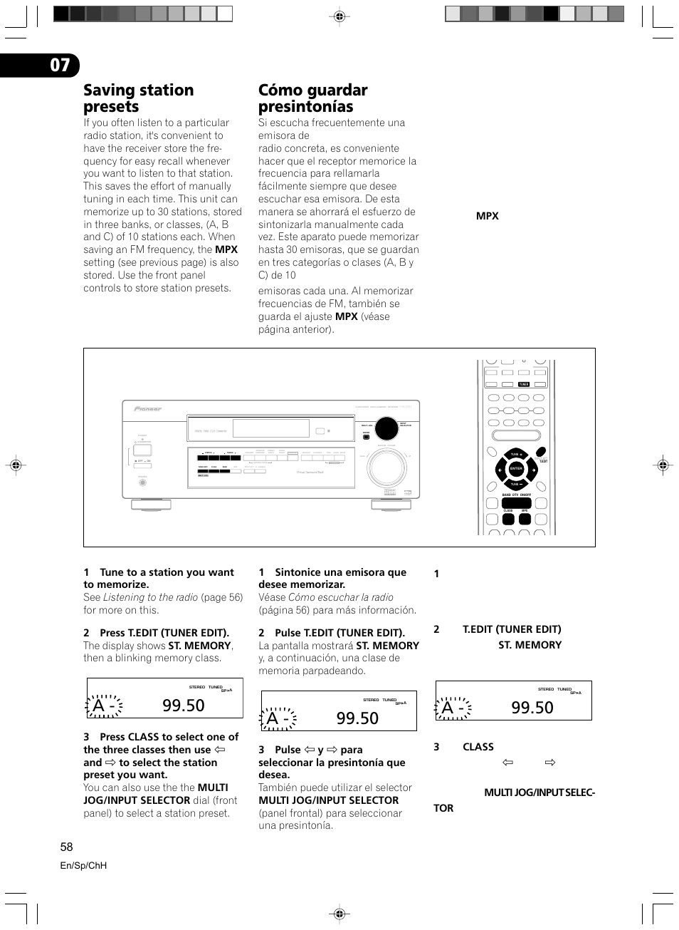 Saving station presets, Cómo guardar presintonías, A - 99.50 | 3class } ] multi jog/input, Selec- tor, En/sp/chh | Pioneer VSX-D512-S User Manual | Page 58 / 80