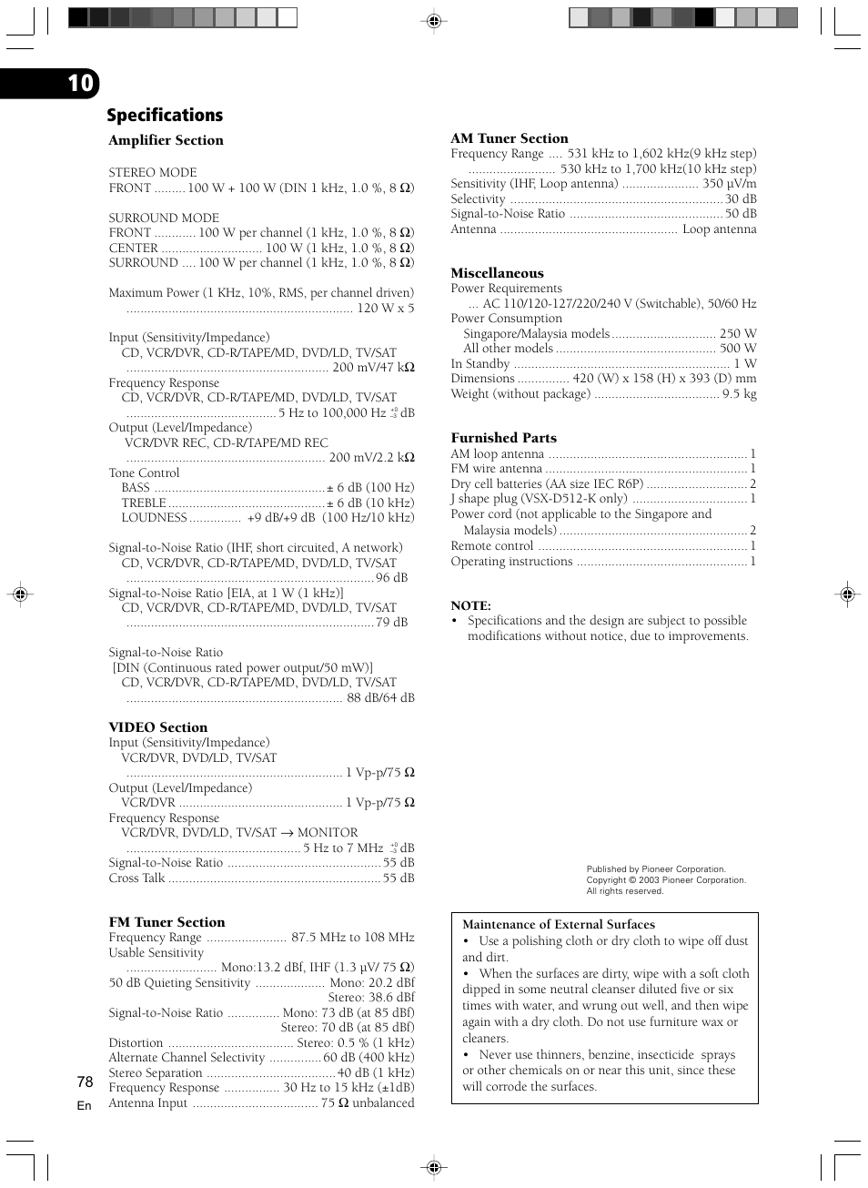 Specifications | Pioneer VSX-D512-S User Manual | Page 78 / 80