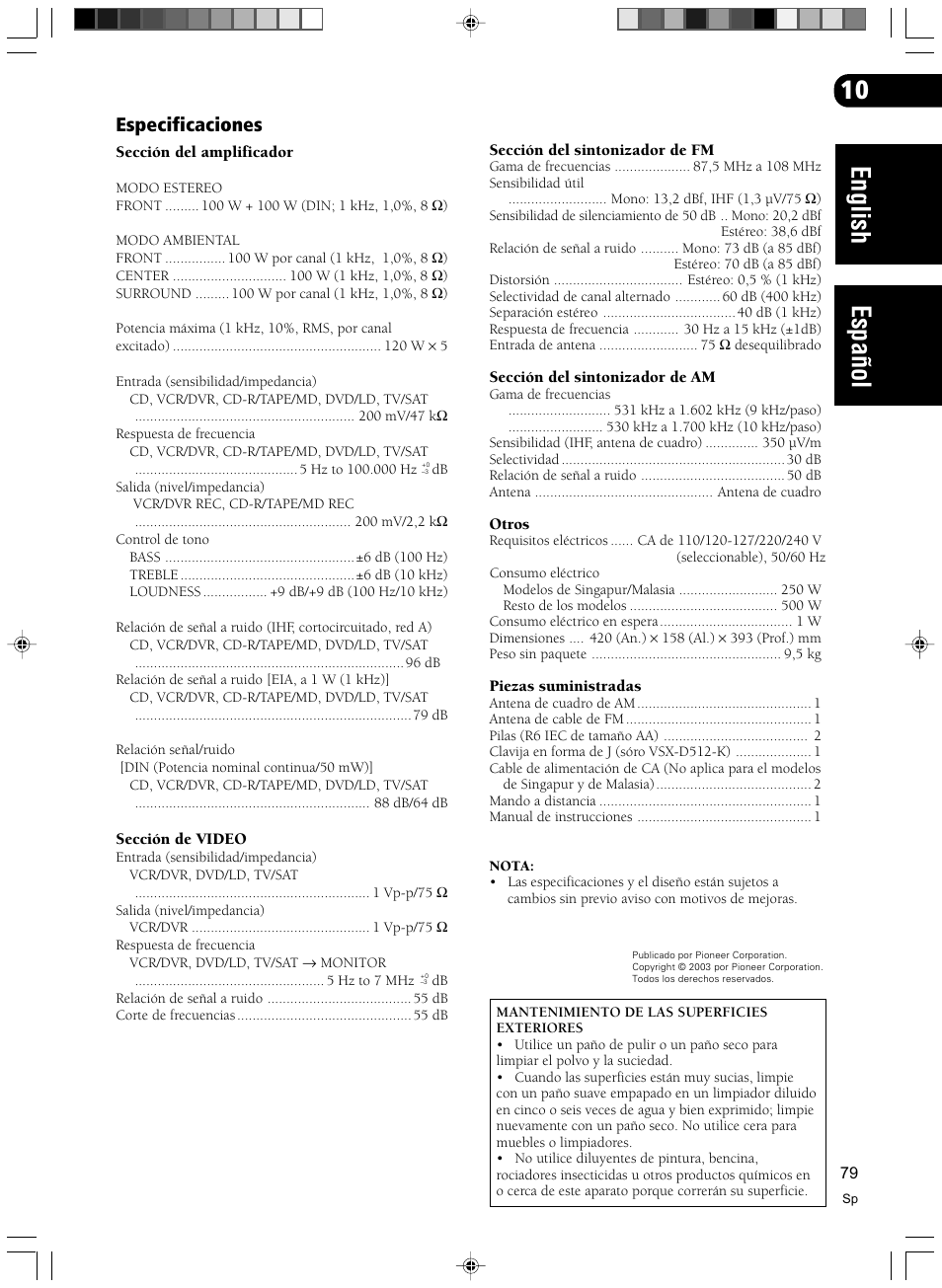 Especificaciones, English español | Pioneer VSX-D512-S User Manual | Page 79 / 80