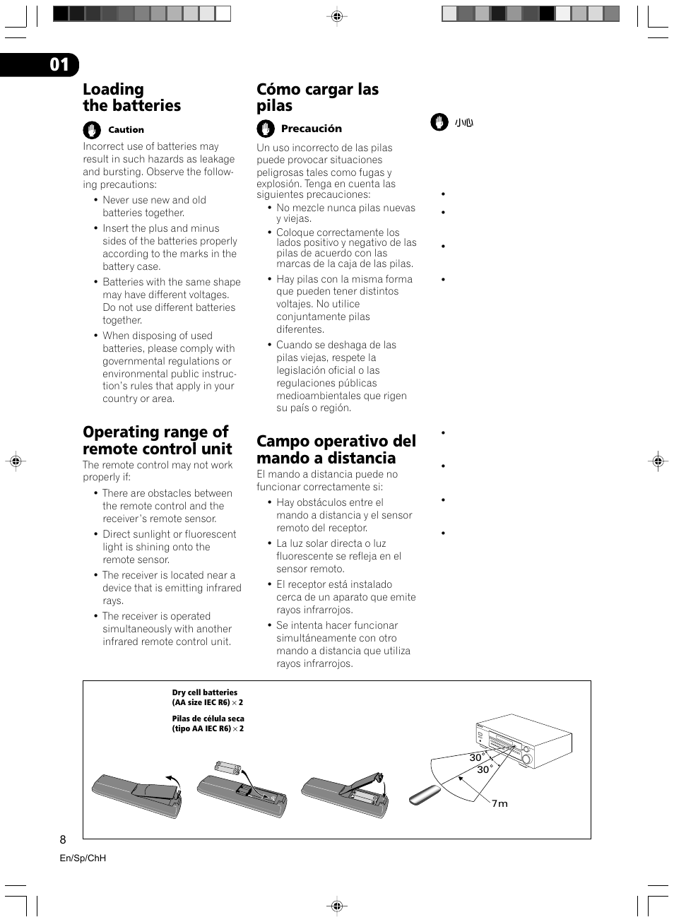 Loading the batteries, Operating range of remote control unit, Cómo cargar las pilas | Campo operativo del mando a distancia | Pioneer VSX-D512-S User Manual | Page 8 / 80