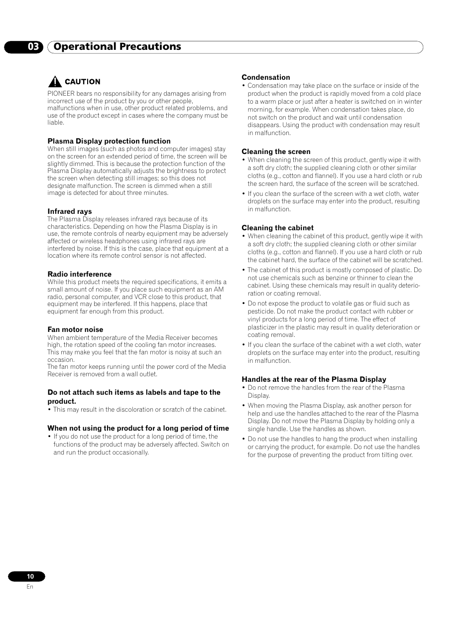 03 operational precautions | Pioneer PRO-1120HD User Manual | Page 10 / 81