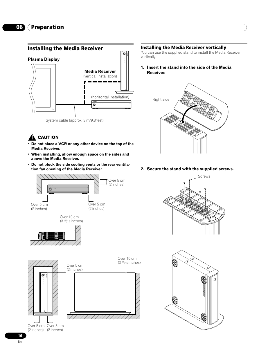 Installing the media receiver, Installing the media receiver vertically, 06 preparation | Pioneer PRO-1120HD User Manual | Page 16 / 81