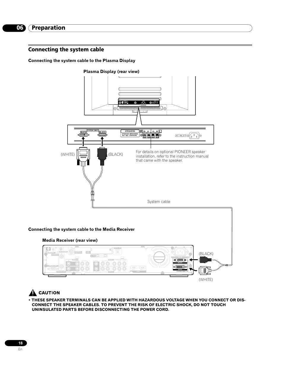 Connecting the system cable, 06 preparation, Connecting the system cable to the plasma display | Connecting the system cable to the media receiver, Plasma display (rear view), Media receiver (rear view), White) (black) system cable, White) (black) | Pioneer PRO-1120HD User Manual | Page 18 / 81