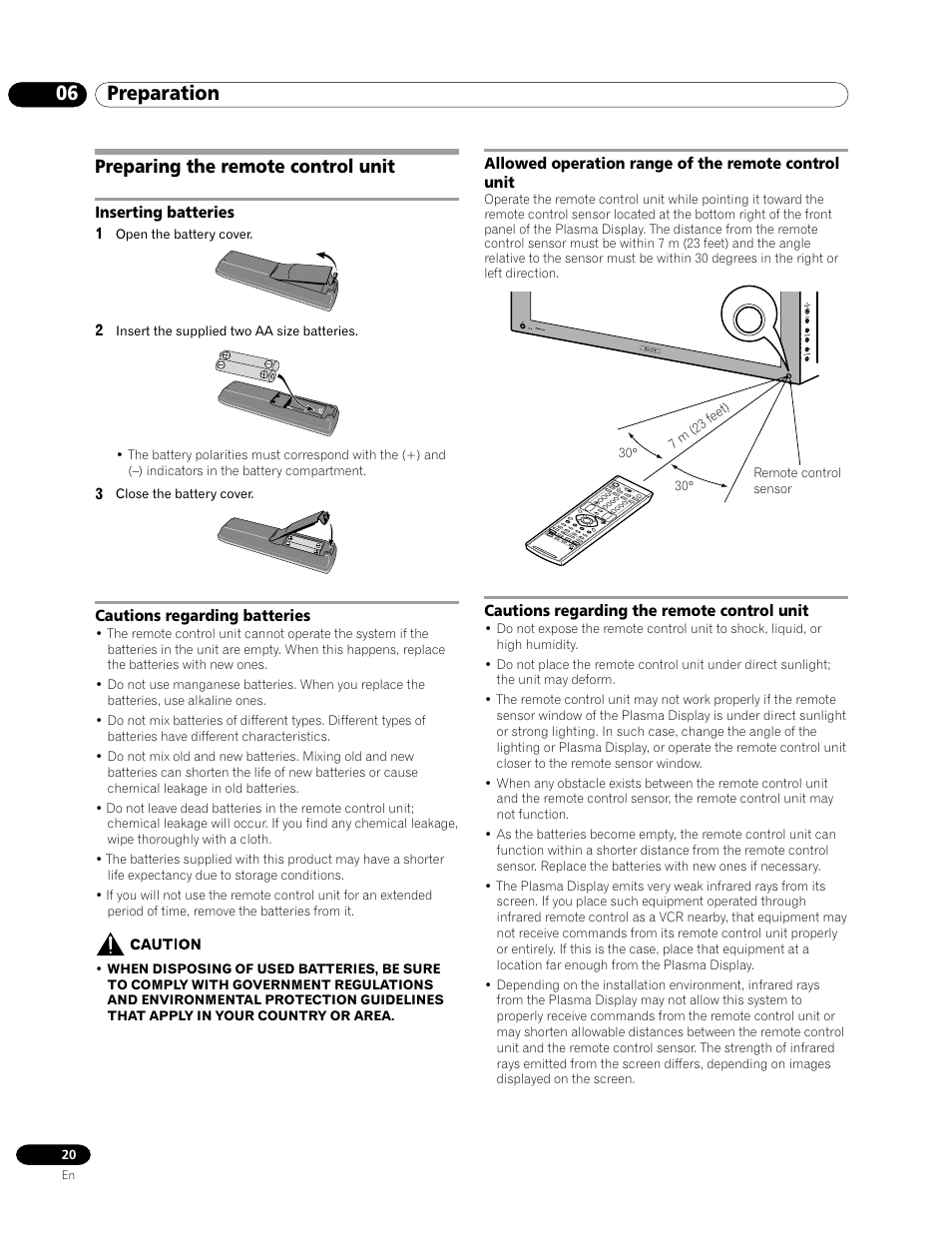 Preparing the remote control unit, 06 preparation | Pioneer PRO-1120HD User Manual | Page 20 / 81