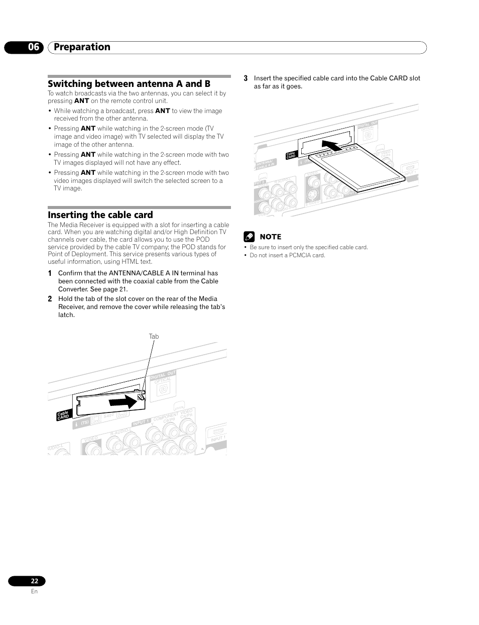 06 preparation, Switching between antenna a and b, Inserting the cable card | Pioneer PRO-1120HD User Manual | Page 22 / 81