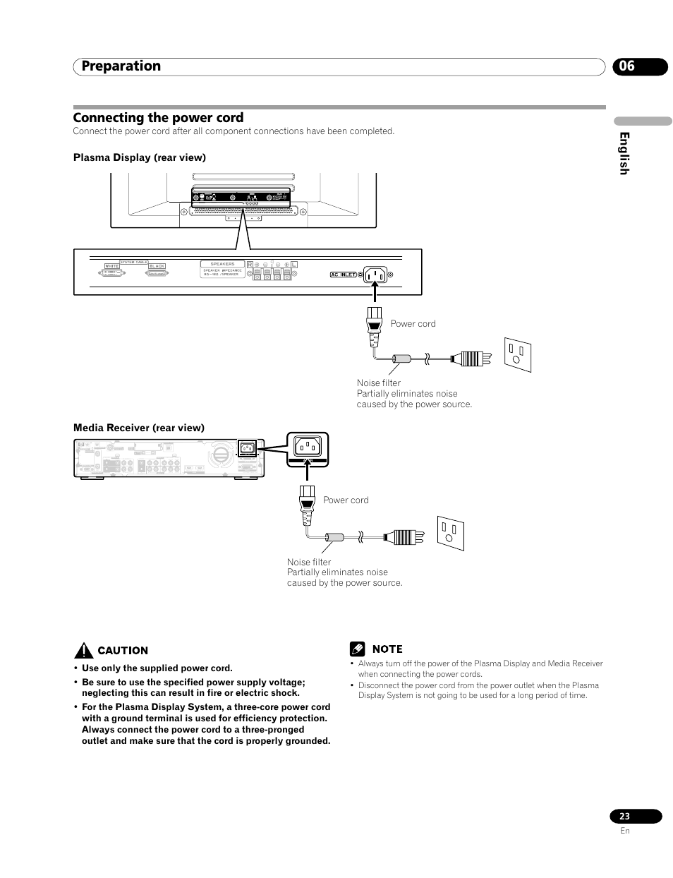 Connecting the power cord, 06 preparation, English | Power cord | Pioneer PRO-1120HD User Manual | Page 23 / 81