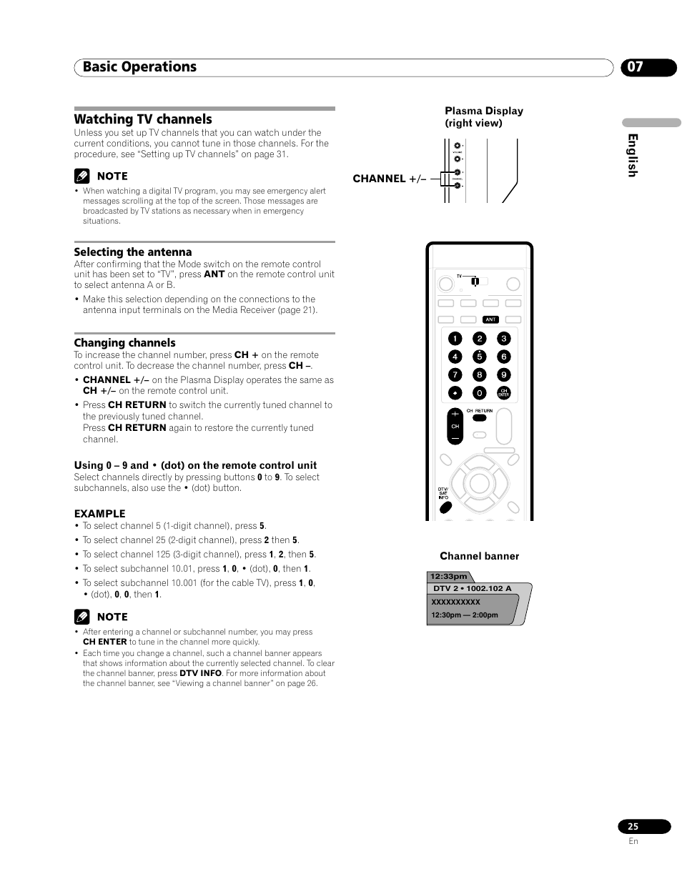 Watching tv channels, Selecting the antenna changing channels, 07 basic operations | English | Pioneer PRO-1120HD User Manual | Page 25 / 81