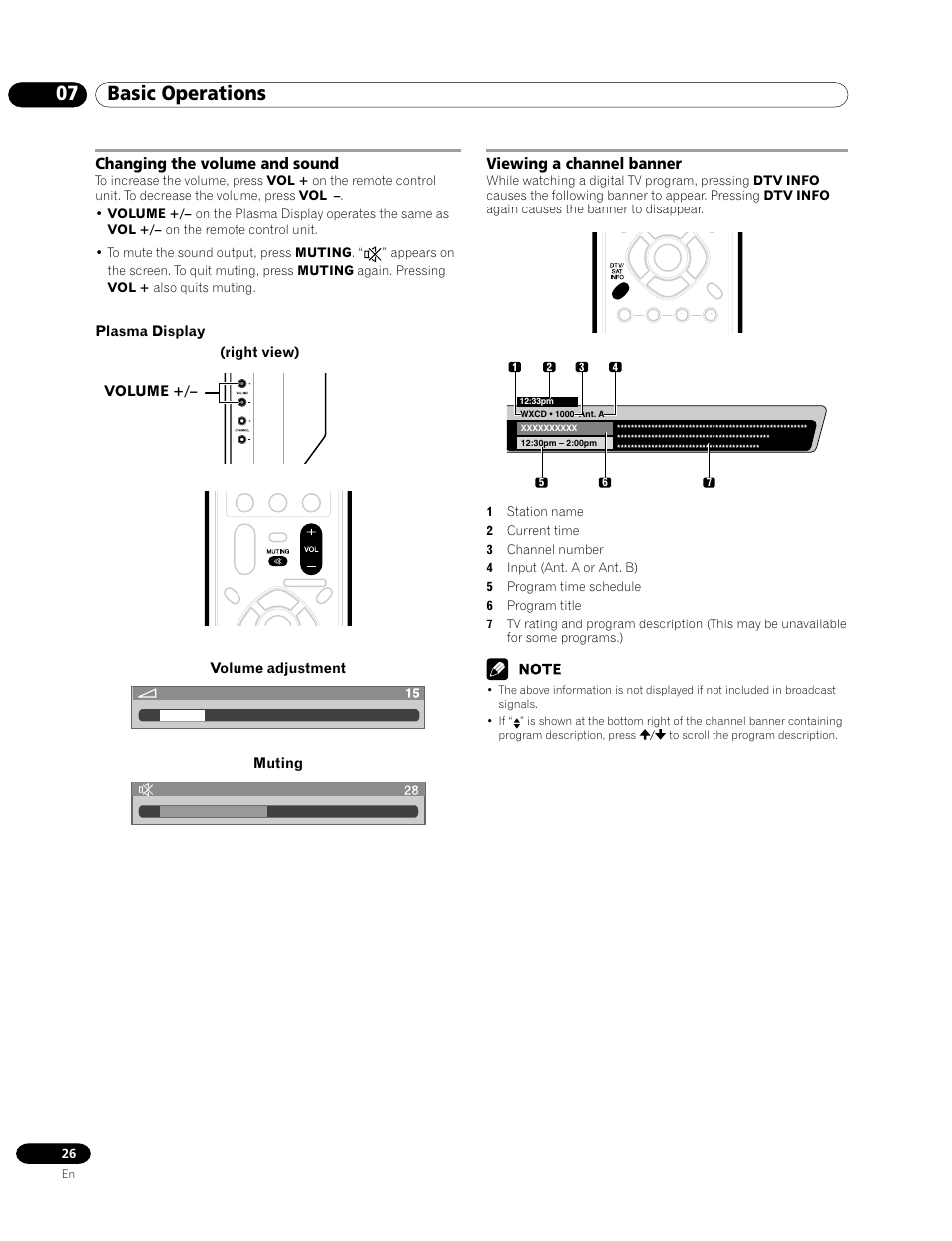 07 basic operations, Changing the volume and sound, Viewing a channel banner | Pioneer PRO-1120HD User Manual | Page 26 / 81