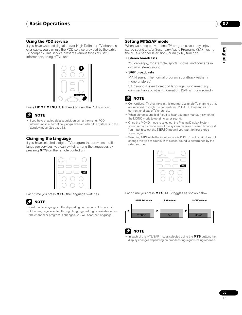 07 basic operations, English, Setting mts/sap mode | Using the pod service, Changing the language | Pioneer PRO-1120HD User Manual | Page 27 / 81