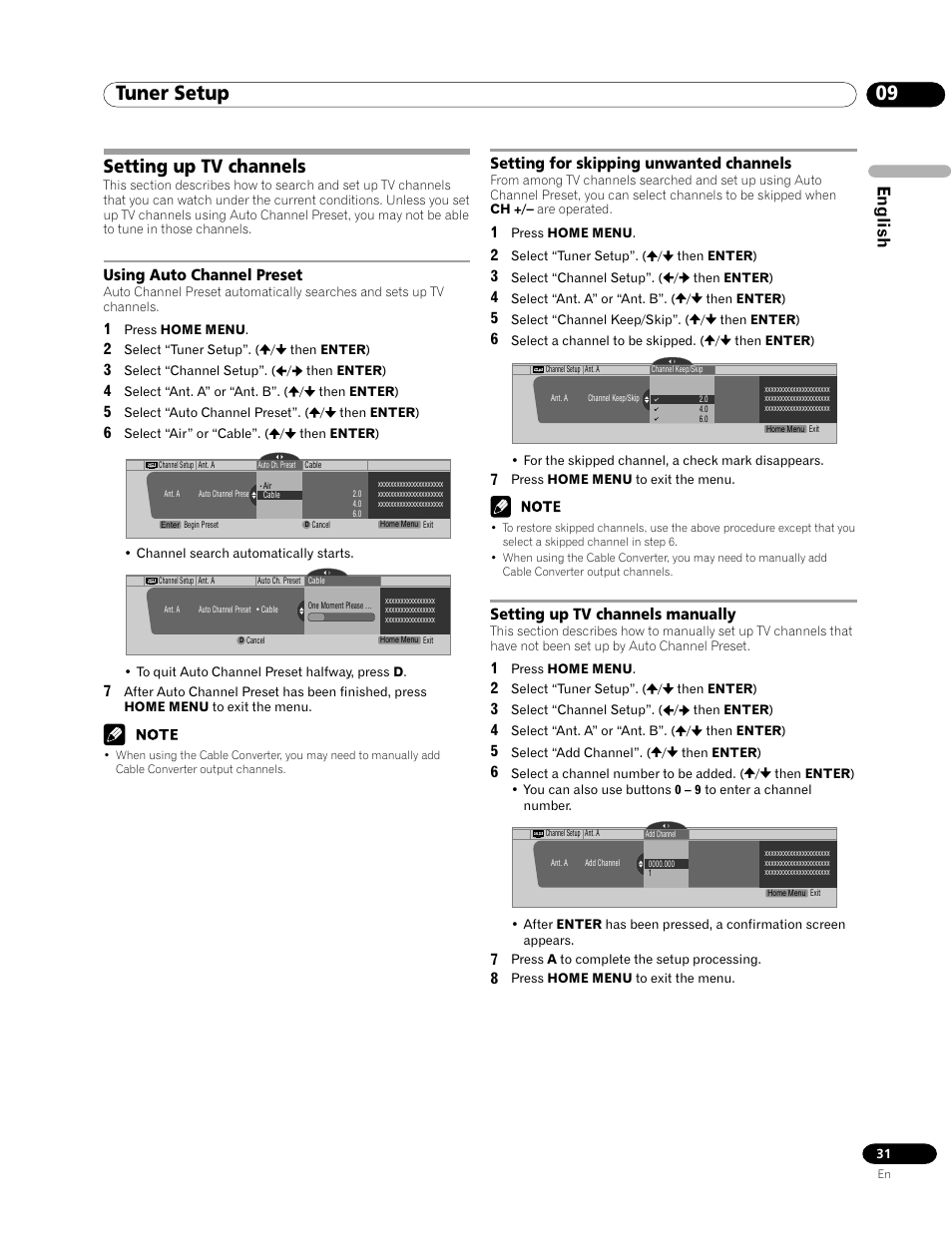 09 tuner setup, Setting up tv channels, English | Using auto channel preset, Setting for skipping unwanted channels, Setting up tv channels manually | Pioneer PRO-1120HD User Manual | Page 31 / 81