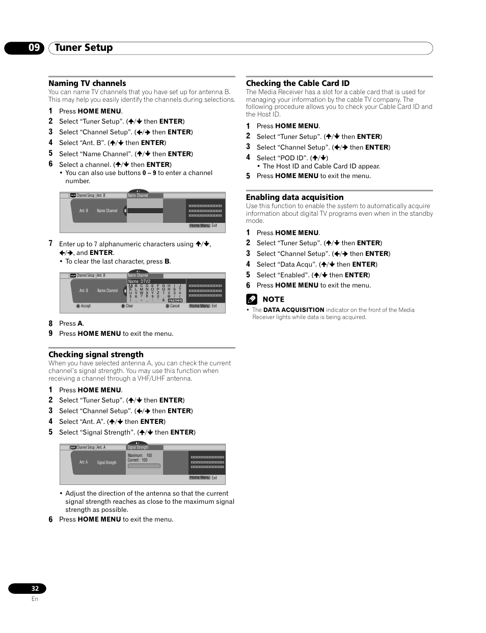 09 tuner setup, Naming tv channels, Checking signal strength | Checking the cable card id, Enabling data acquisition | Pioneer PRO-1120HD User Manual | Page 32 / 81