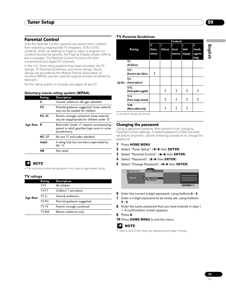 Parental control, Changing the password, 09 tuner setup | English | Pioneer PRO-1120HD User Manual | Page 33 / 81