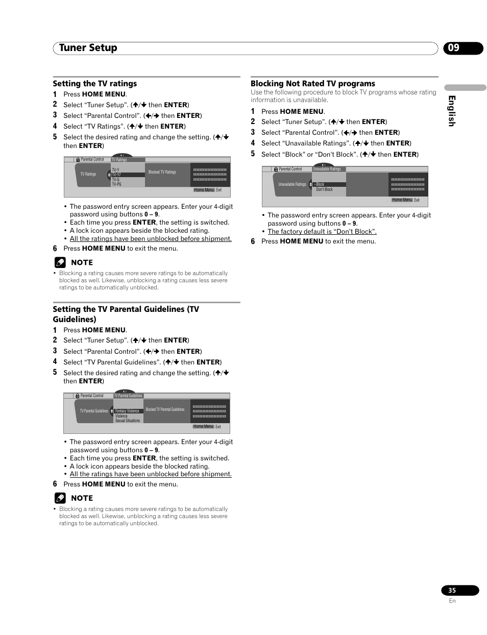 09 tuner setup, English, Setting the tv ratings 1 | Blocking not rated tv programs | Pioneer PRO-1120HD User Manual | Page 35 / 81