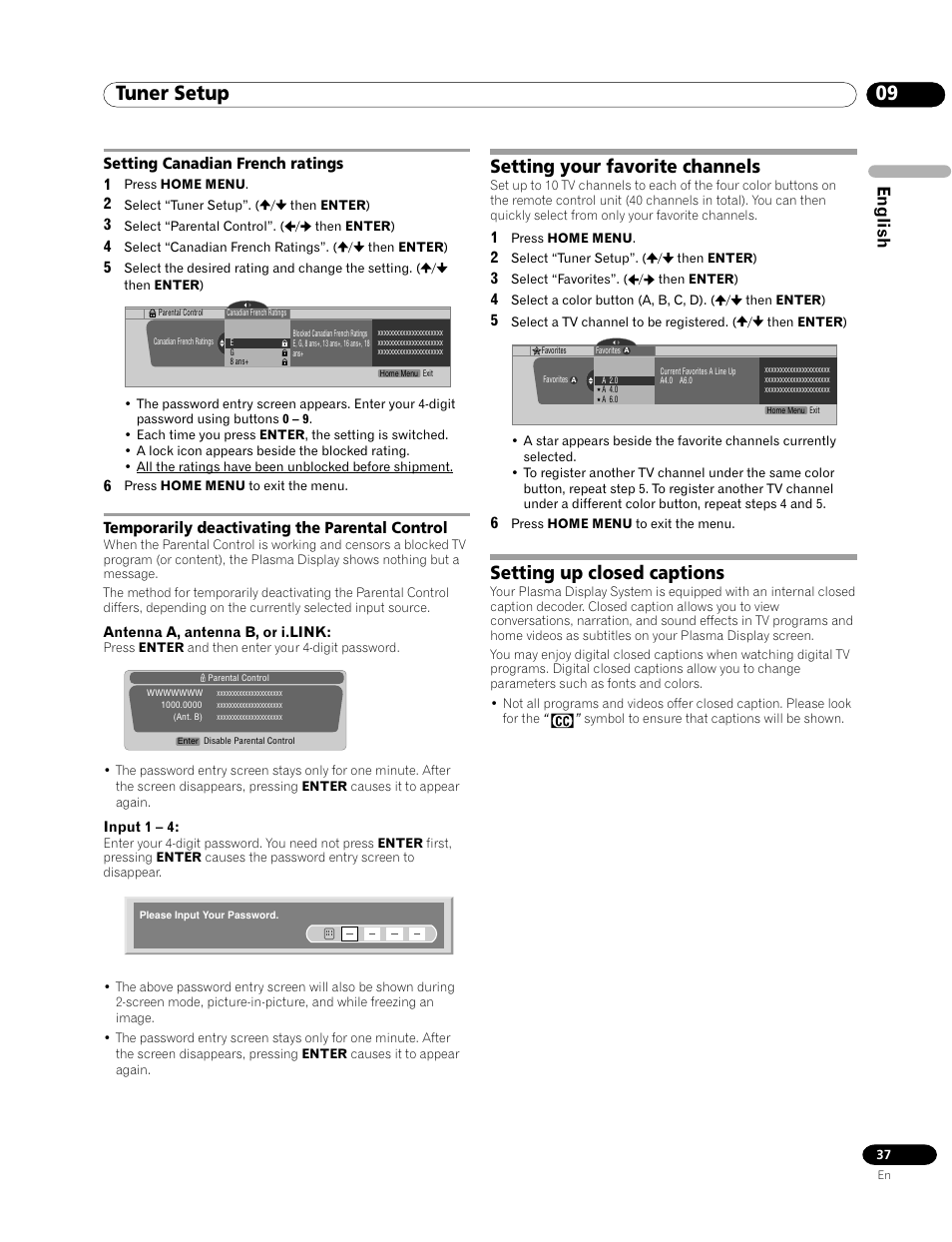 09 tuner setup, Setting your favorite channels, Setting up closed captions | English, Setting canadian french ratings 1, Temporarily deactivating the parental control | Pioneer PRO-1120HD User Manual | Page 37 / 81