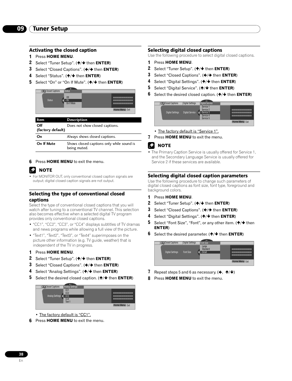 09 tuner setup, Activating the closed caption 1, Selecting the type of conventional closed captions | Selecting digital closed captions, Selecting digital closed caption parameters | Pioneer PRO-1120HD User Manual | Page 38 / 81