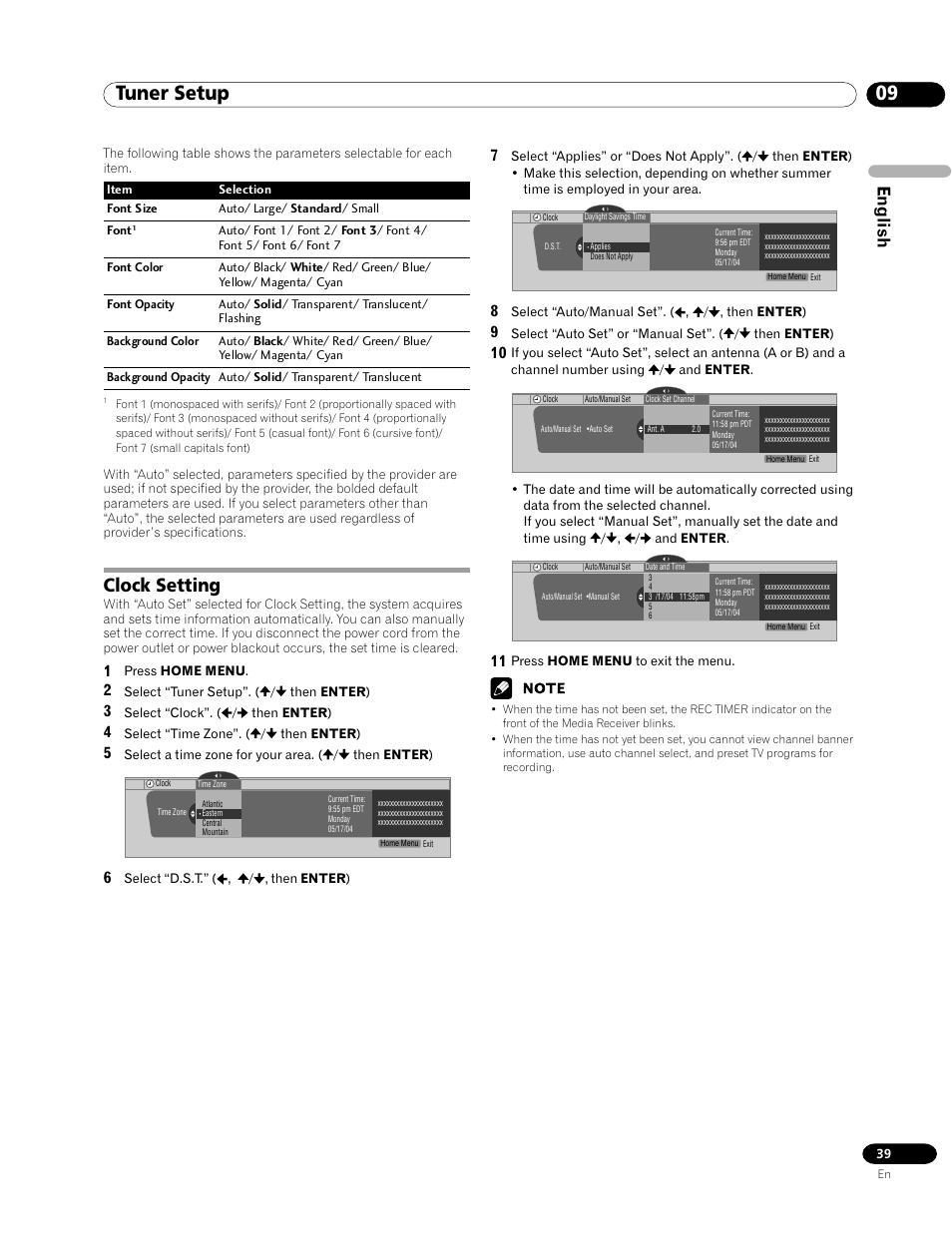 Clock setting, 09 tuner setup, English | Pioneer PRO-1120HD User Manual | Page 39 / 81