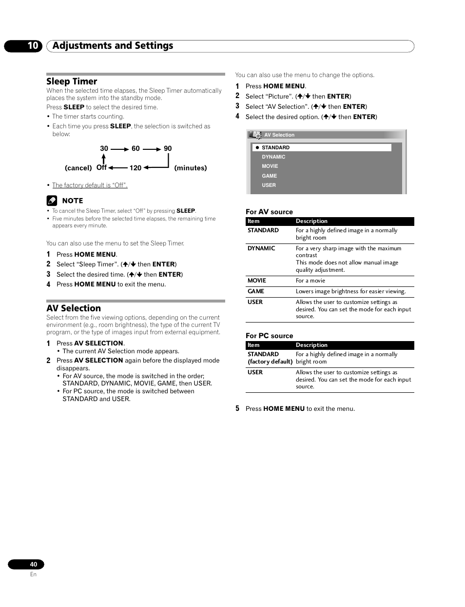 10 adjustments and settings, Sleep timer av selection, Sleep timer | Av selection | Pioneer PRO-1120HD User Manual | Page 40 / 81