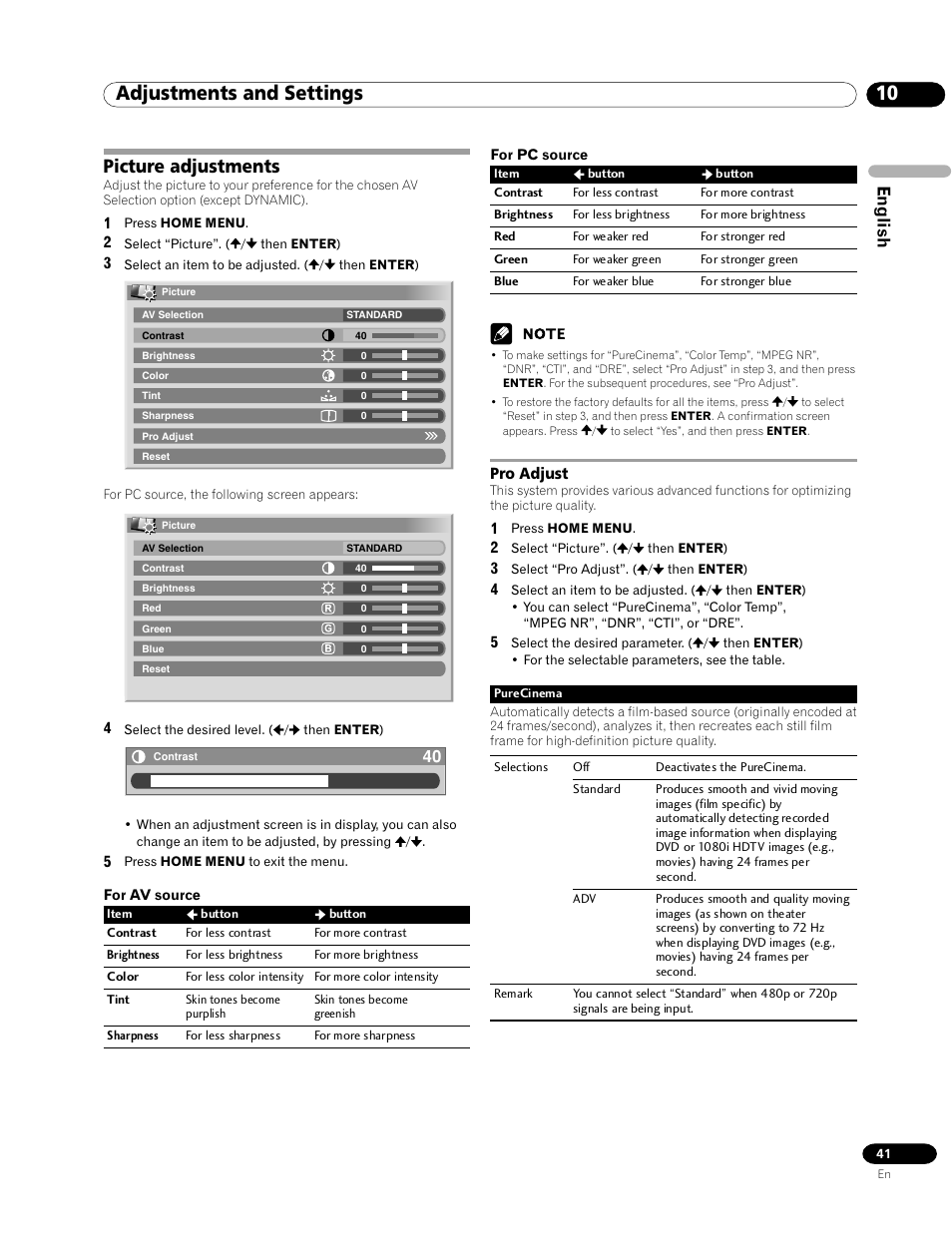 Picture adjustments, Pro adjust, 10 adjustments and settings | English | Pioneer PRO-1120HD User Manual | Page 41 / 81