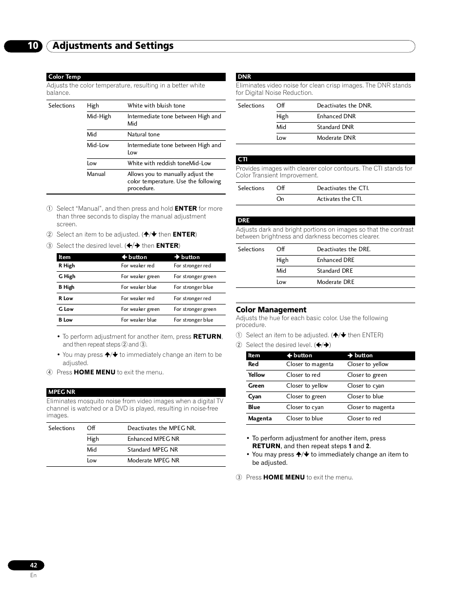 Color management, 10 adjustments and settings | Pioneer PRO-1120HD User Manual | Page 42 / 81