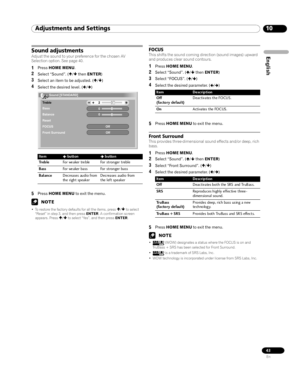 Sound adjustments, Focus front surround, 10 adjustments and settings | English | Pioneer PRO-1120HD User Manual | Page 43 / 81