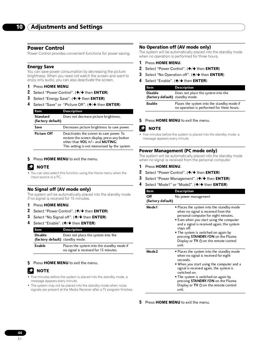 Power control, 10 adjustments and settings | Pioneer PRO-1120HD User Manual | Page 44 / 81