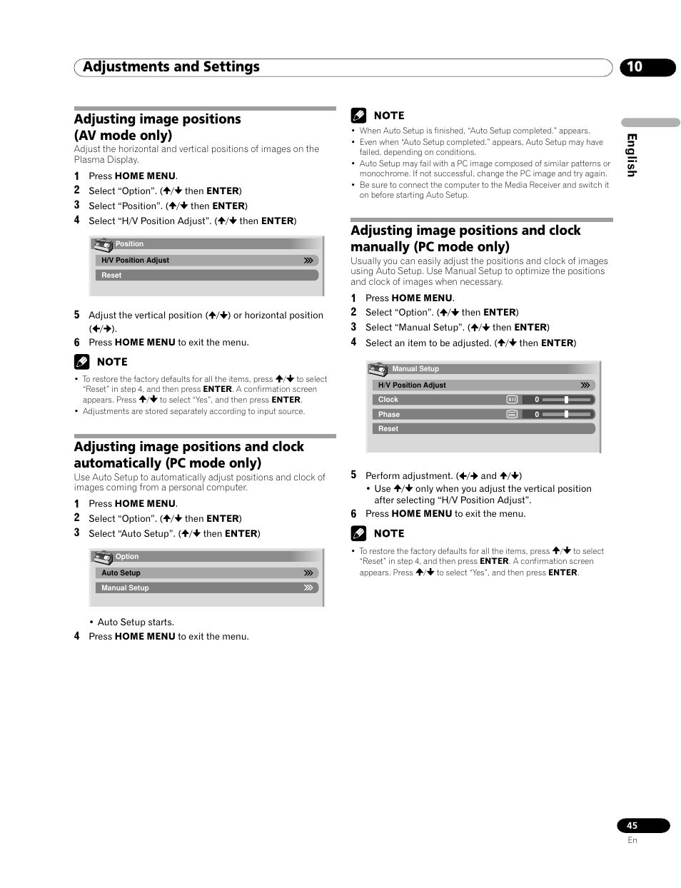 10 adjustments and settings, Adjusting image positions (av mode only), English | Pioneer PRO-1120HD User Manual | Page 45 / 81