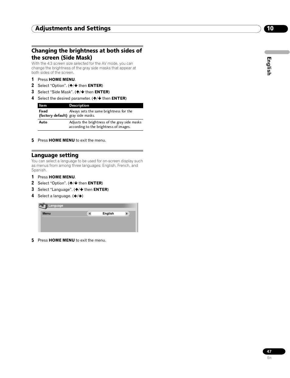 10 adjustments and settings, Language setting | Pioneer PRO-1120HD User Manual | Page 47 / 81