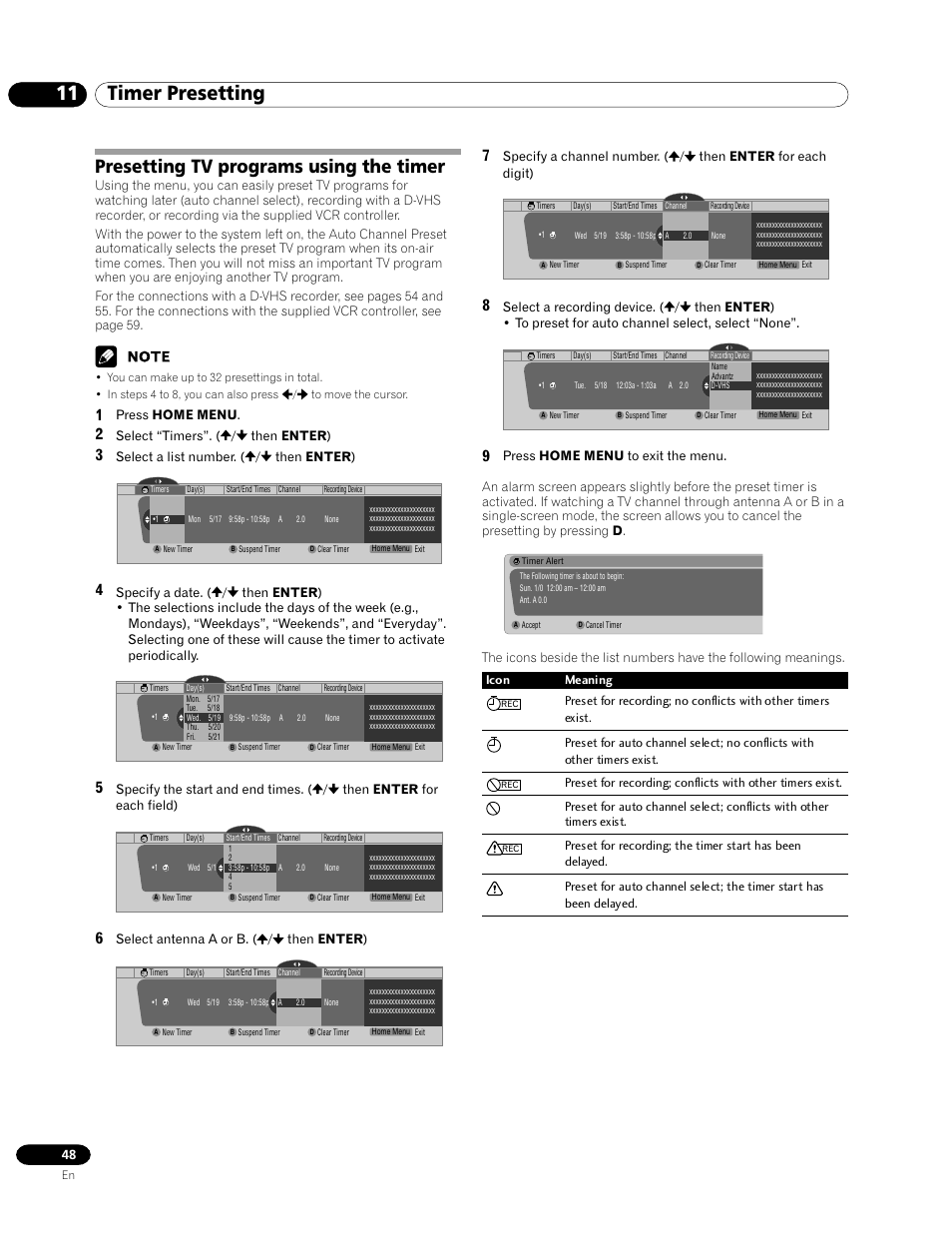 11 timer presetting, Presetting tv programs using the timer, Press home menu | Select “timers”. ( / then enter ), Select a list number. ( / then enter ), Select antenna a or b. ( / then enter ) | Pioneer PRO-1120HD User Manual | Page 48 / 81