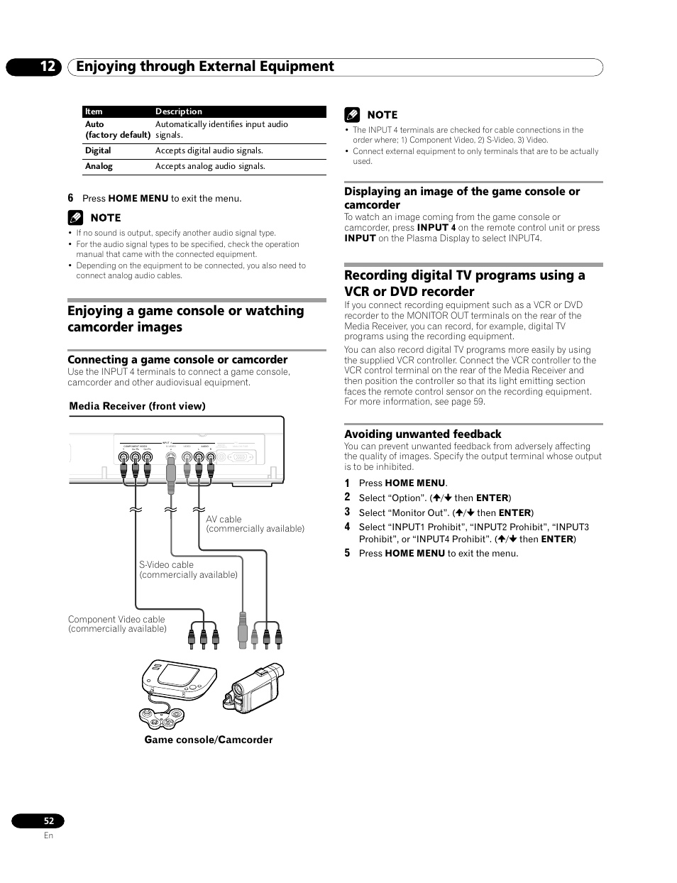 Avoiding unwanted feedback, 12 enjoying through external equipment, Connecting a game console or camcorder | Media receiver (front view), Game console/camcorder | Pioneer PRO-1120HD User Manual | Page 52 / 81