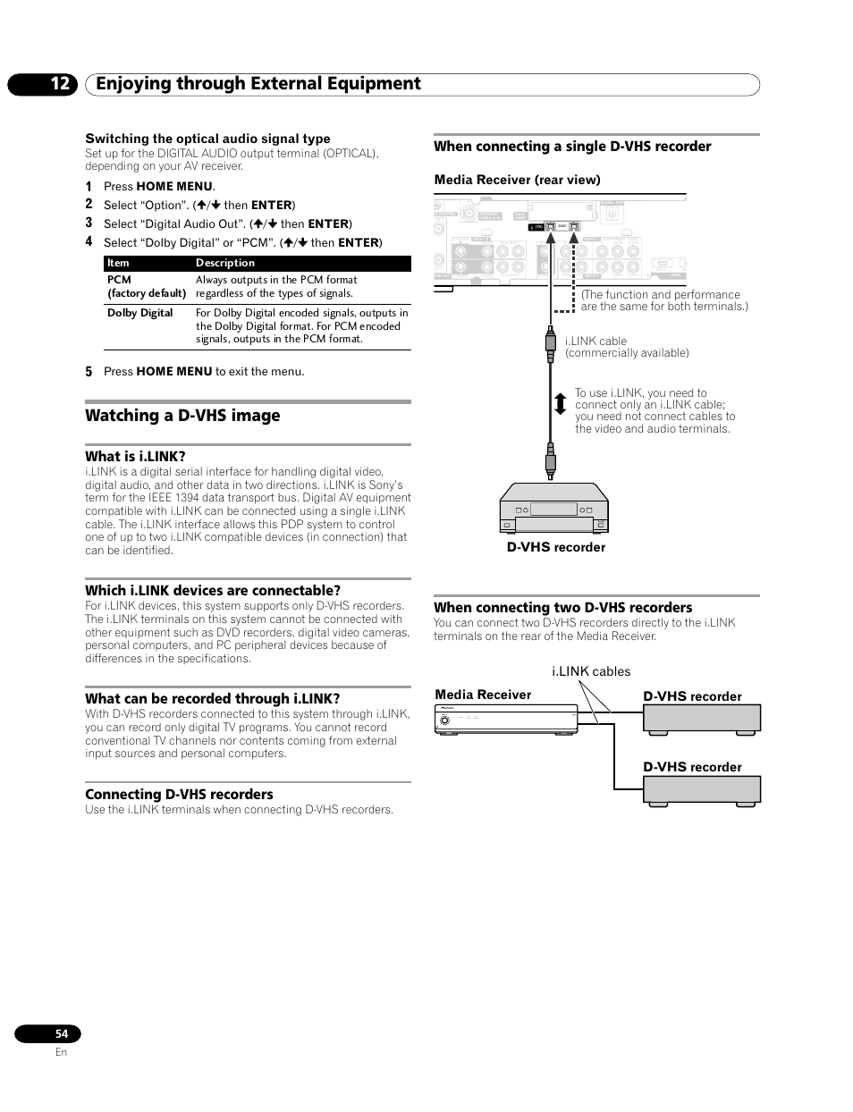 Watching a d-vhs image, 12 enjoying through external equipment, What is i.link | Which i.link devices are connectable, What can be recorded through i.link, Connecting d-vhs recorders, When connecting a single d-vhs recorder, When connecting two d-vhs recorders, Switching the optical audio signal type, D-vhs recorder media receiver (rear view) | Pioneer PRO-1120HD User Manual | Page 54 / 81