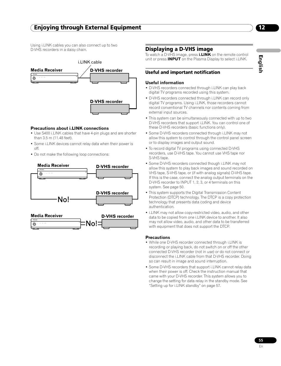 Displaying a d-vhs image, Useful and important notification, 12 enjoying through external equipment | Pioneer PRO-1120HD User Manual | Page 55 / 81