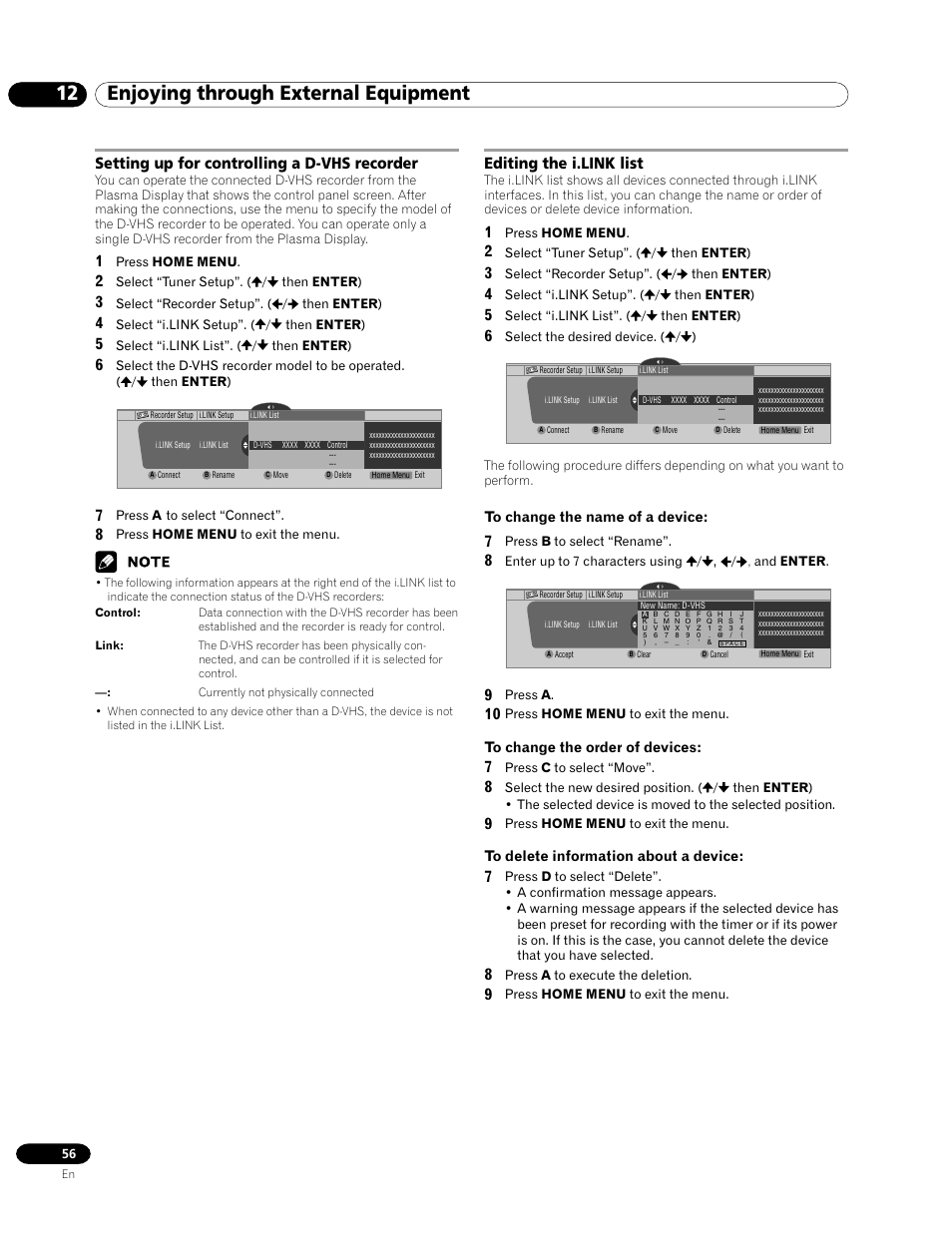 12 enjoying through external equipment, Setting up for controlling a d-vhs recorder, Editing the i.link list | Pioneer PRO-1120HD User Manual | Page 56 / 81