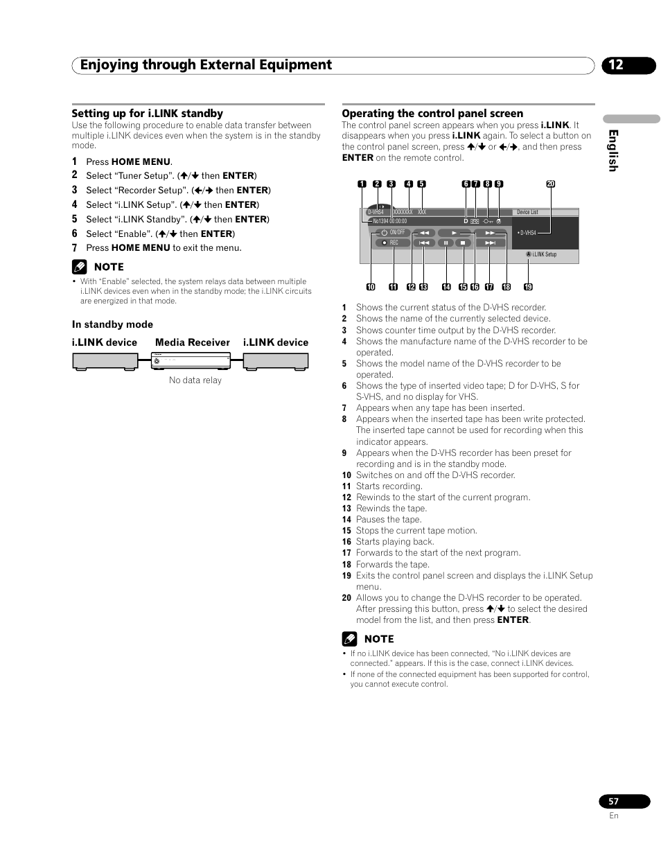 12 enjoying through external equipment, English, Setting up for i.link standby | Operating the control panel screen | Pioneer PRO-1120HD User Manual | Page 57 / 81