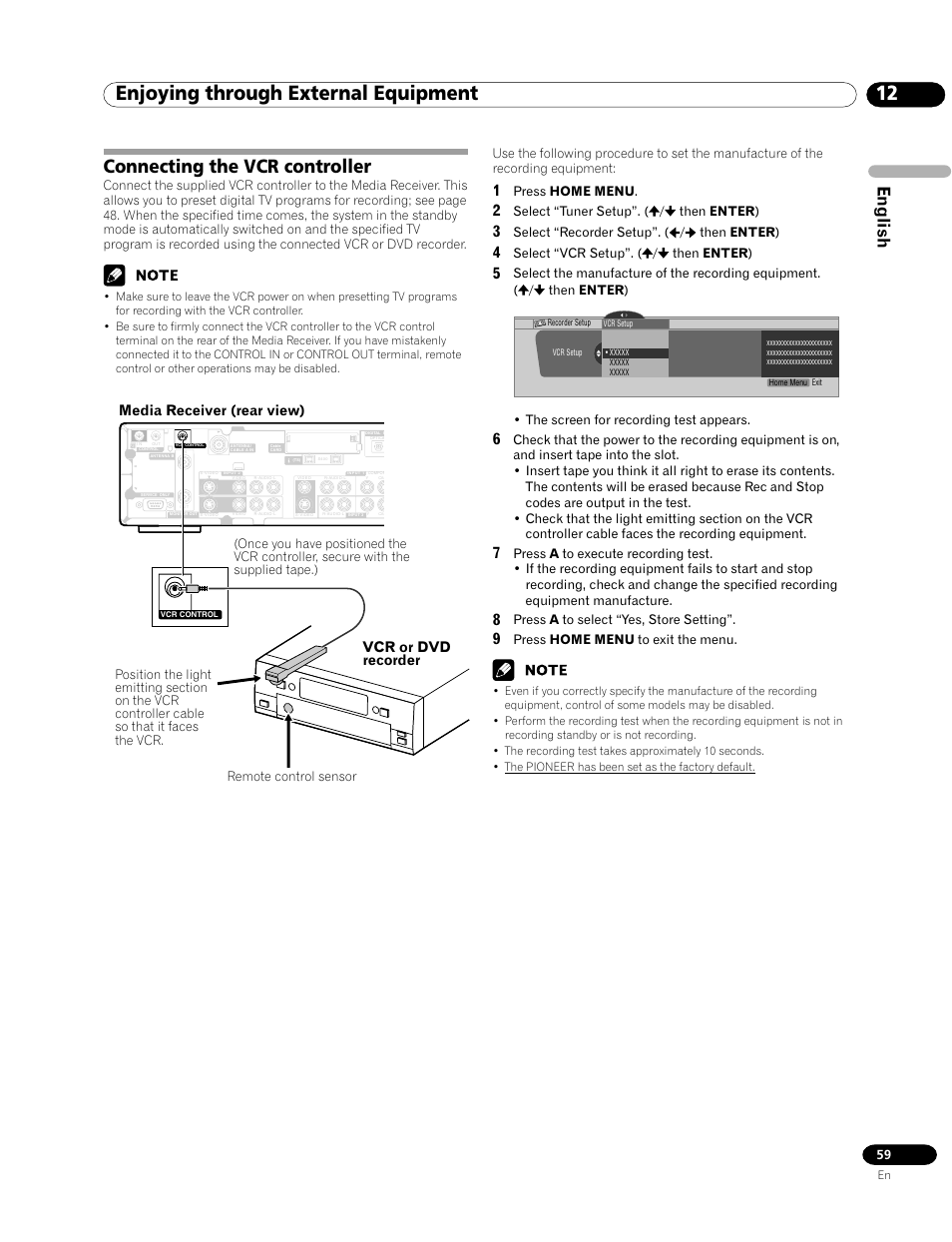 Connecting the vcr controller, 12 enjoying through external equipment, English | Media receiver (rear view) vcr or dvd recorder, Press home menu, Select “tuner setup”. ( / then enter ), Select “recorder setup”. ( / then enter ), Select “vcr setup”. ( / then enter ), The screen for recording test appears, Press a to select “yes, store setting | Pioneer PRO-1120HD User Manual | Page 59 / 81