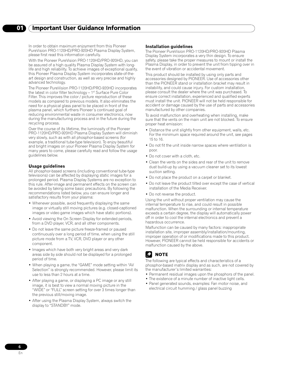 01 important user guidance information | Pioneer PRO-1120HD User Manual | Page 6 / 81