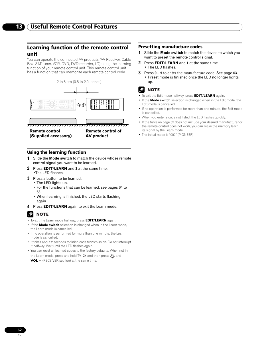 13 useful remote control features, Learning function of the remote control unit | Pioneer PRO-1120HD User Manual | Page 62 / 81