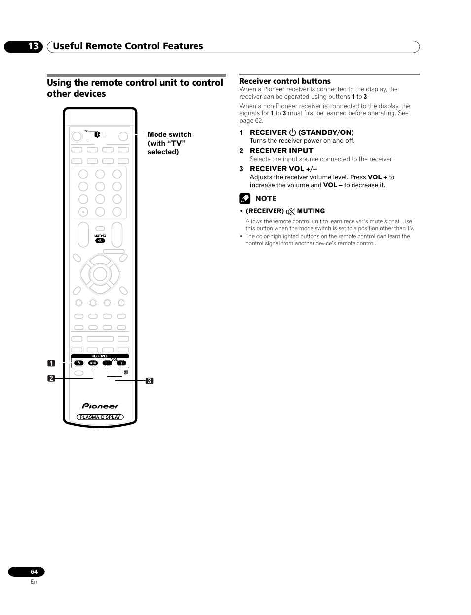 Receiver control buttons, 13 useful remote control features | Pioneer PRO-1120HD User Manual | Page 64 / 81