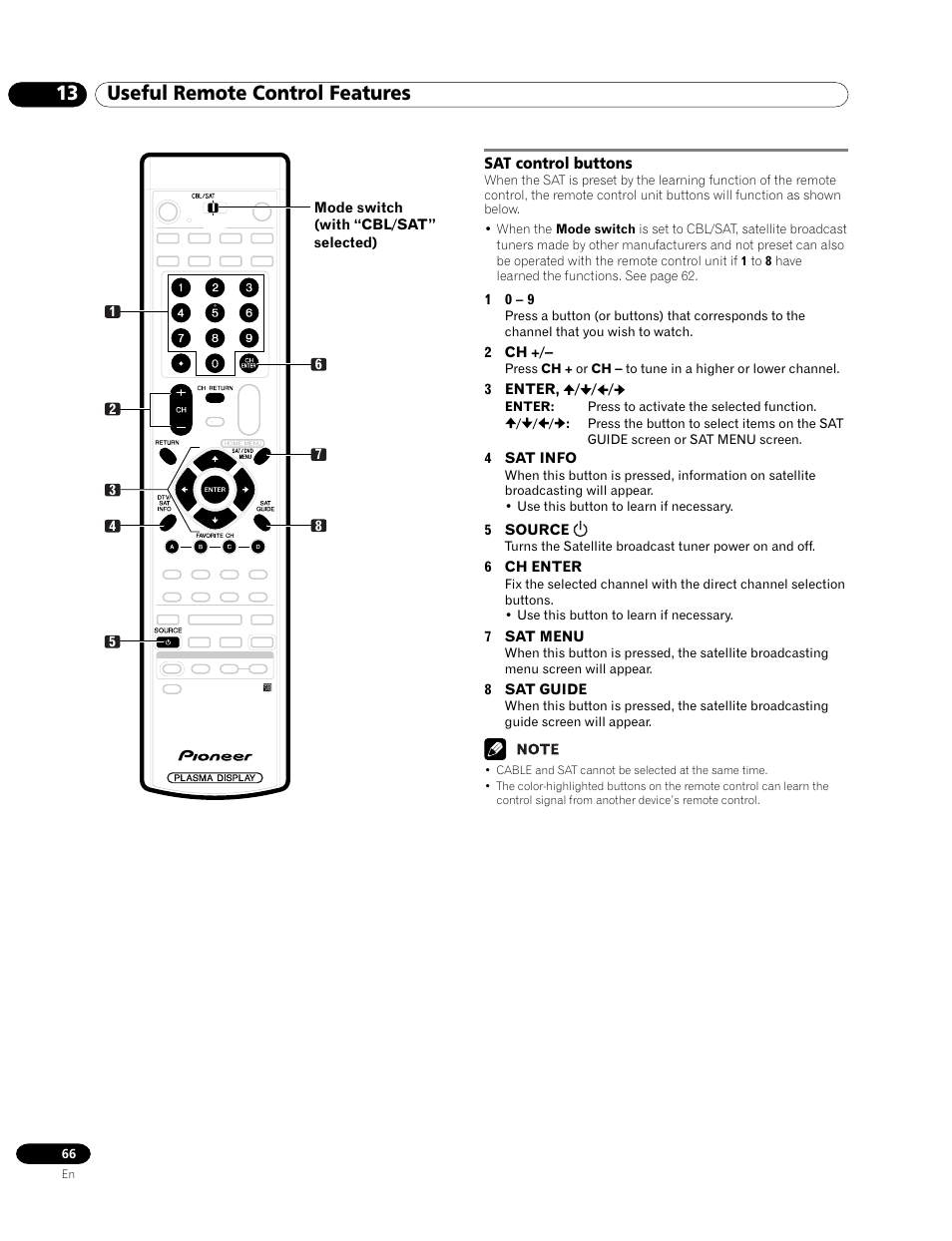 Sat control buttons, 13 useful remote control features | Pioneer PRO-1120HD User Manual | Page 66 / 81