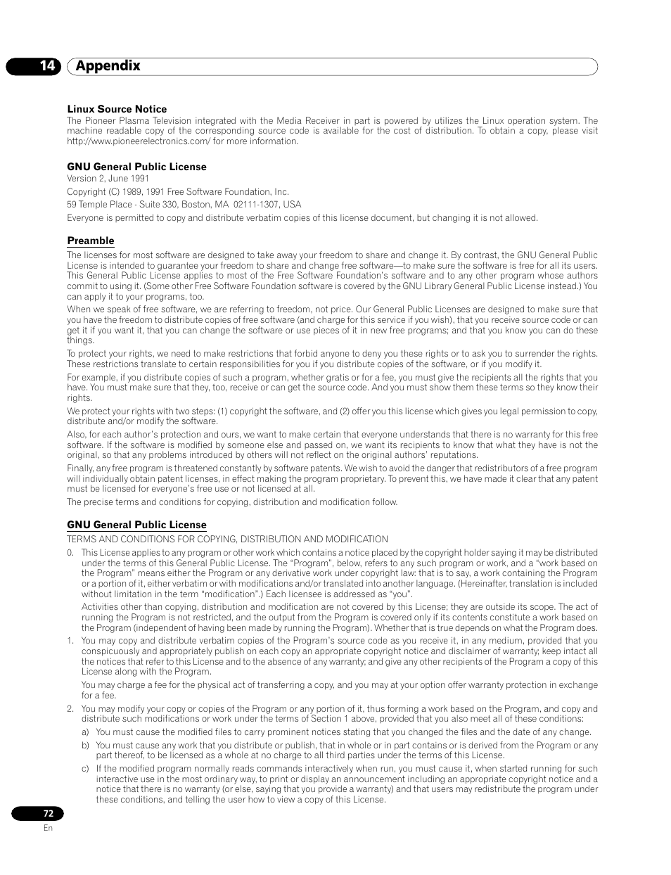 14 appendix | Pioneer PRO-1120HD User Manual | Page 72 / 81