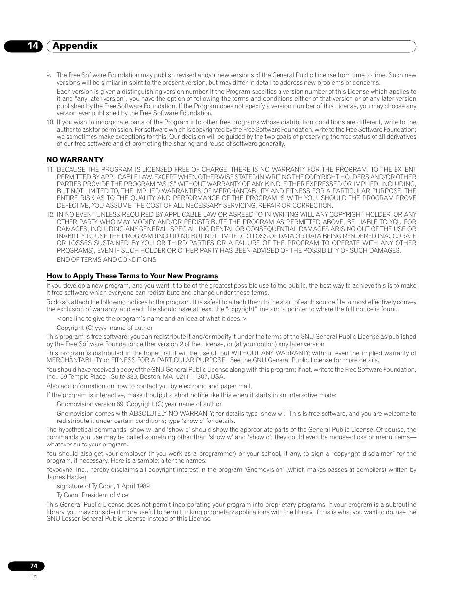 14 appendix | Pioneer PRO-1120HD User Manual | Page 74 / 81