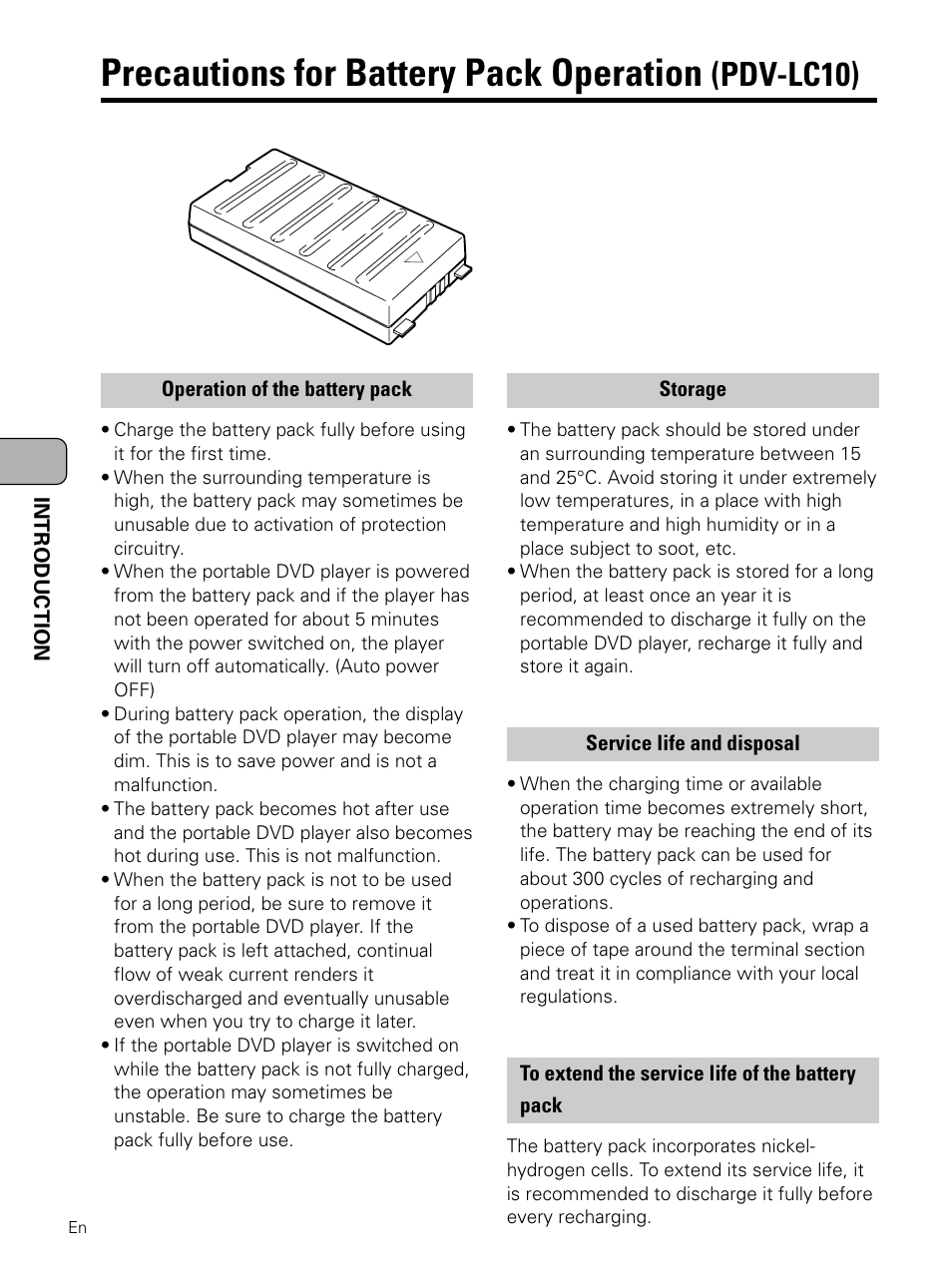 Precautions for battery pack operation . 10, Precautions for battery pack operation, Pdv-lc10) | Pioneer PDV-LC10 User Manual | Page 10 / 128